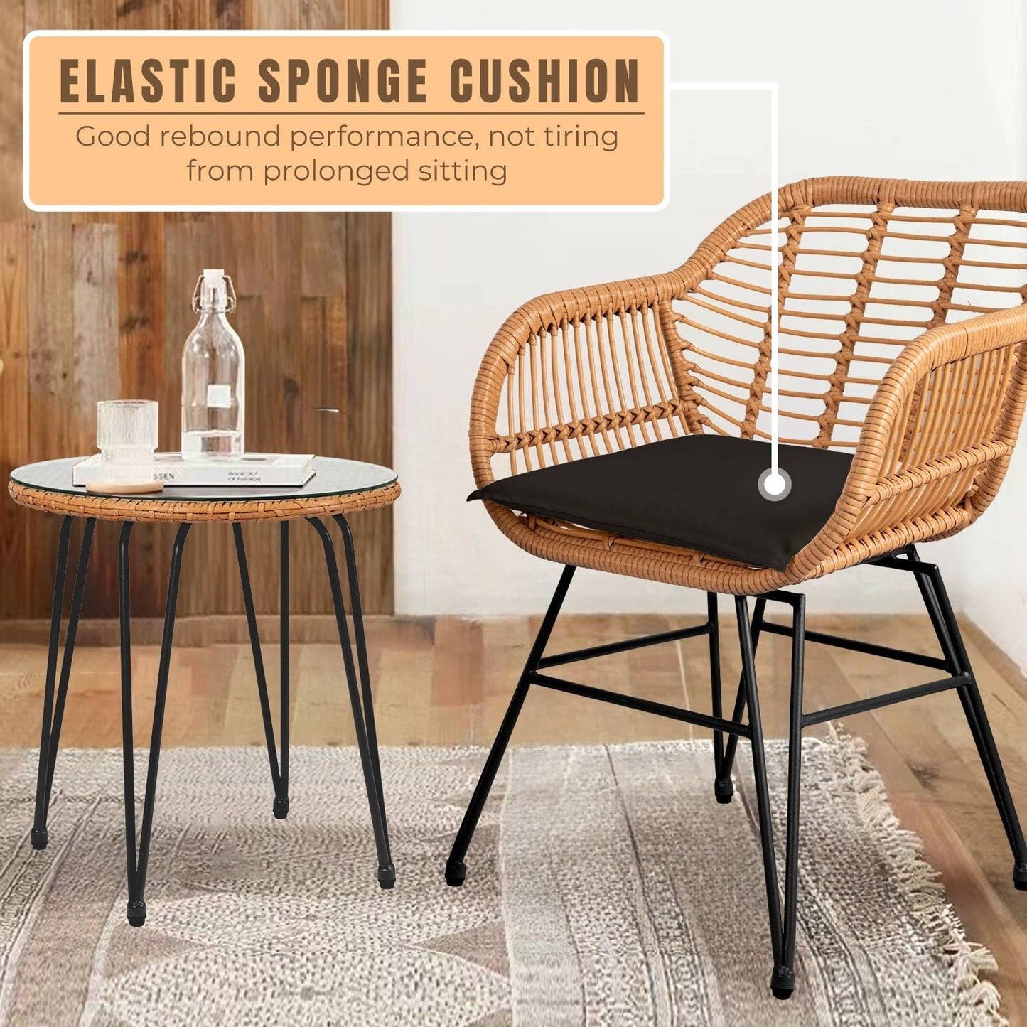 Set da 3 pezzi per mobili da esterno in vimini, da patio, da bistrot, con cuscini, per veranda, piscina, giardino - 21,2 L x 23,6 W x 31,5 H