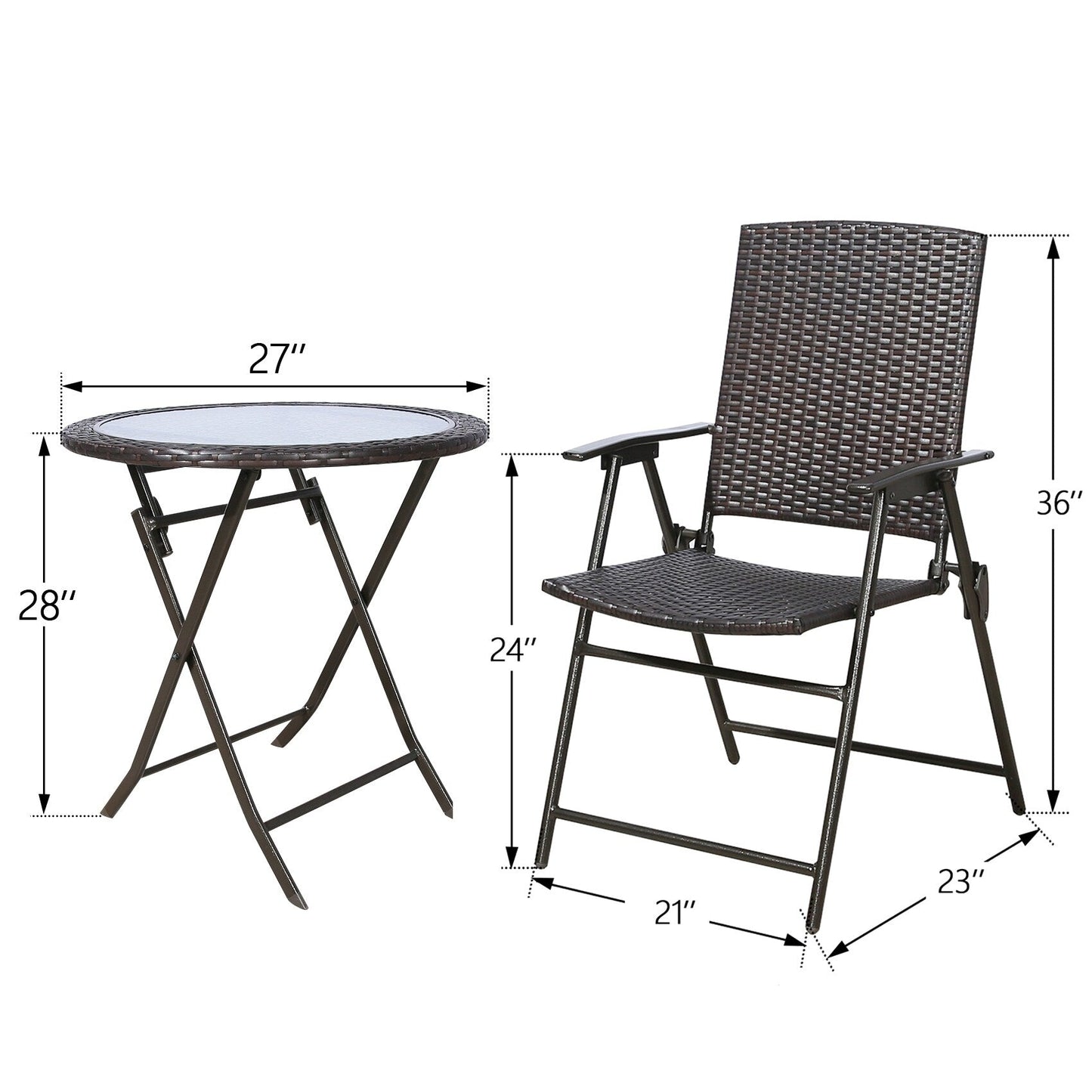 Set da esterno in vimini da 3 pezzi con sedie da pranzo e tavolo da giardino pieghevole