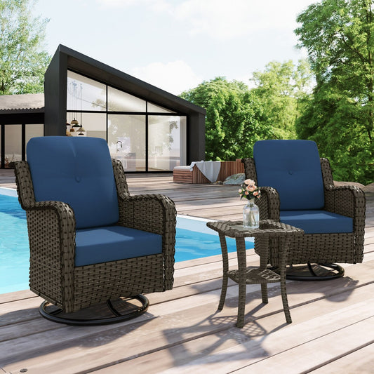 Set di 3 sedie a dondolo girevoli imbottite in rattan per patio con tavolino laterale