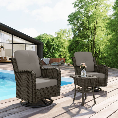 Set di 3 sedie a dondolo girevoli imbottite in rattan per patio con tavolino laterale
