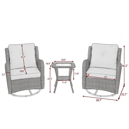 Set di 3 sedie a dondolo girevoli imbottite in rattan per patio con tavolino laterale