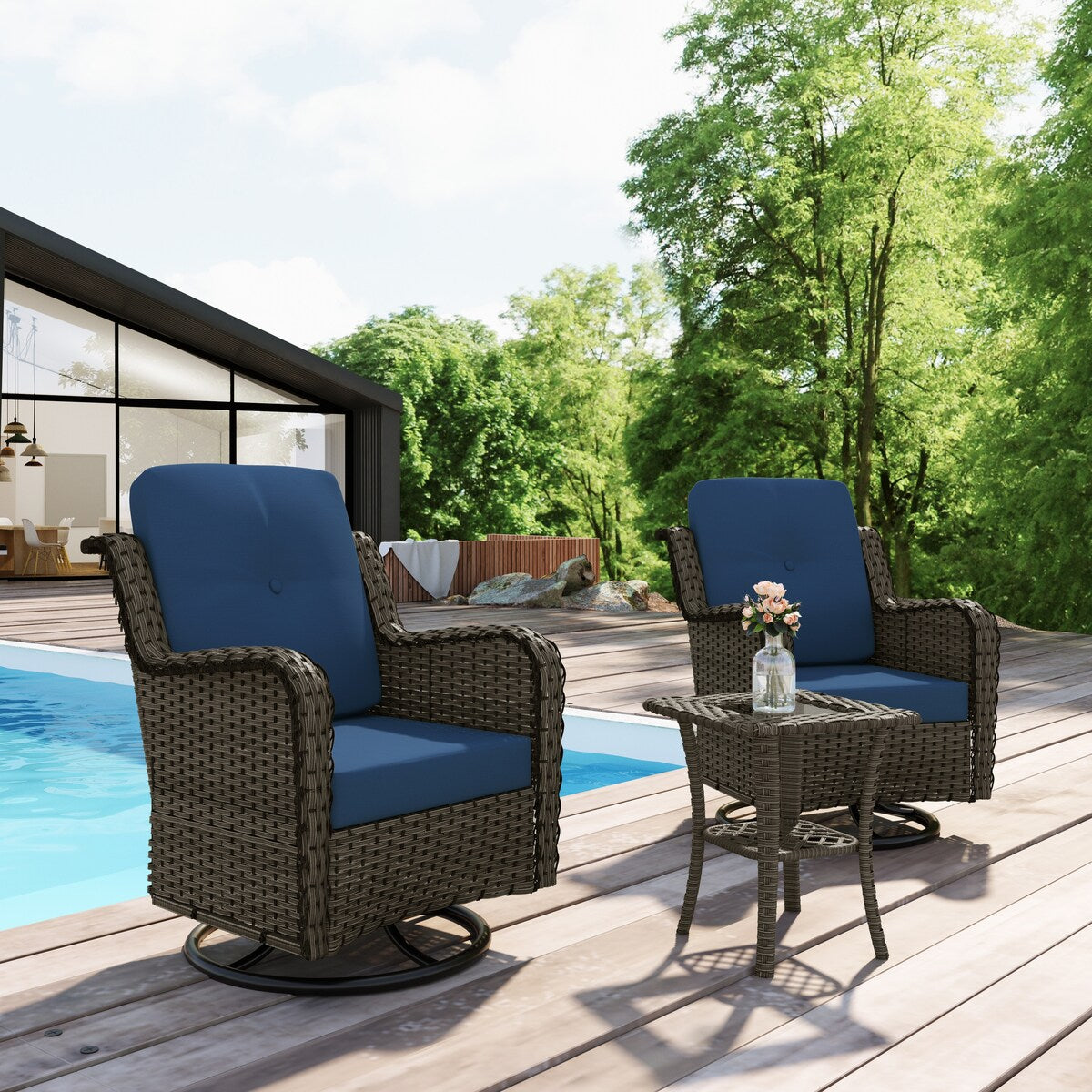 Set di 3 sedie a dondolo girevoli imbottite in rattan per patio con tavolino laterale