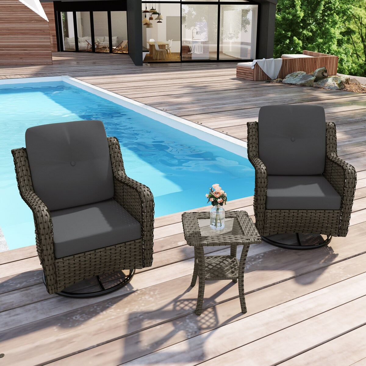 Set di 3 sedie a dondolo girevoli imbottite in rattan per patio con tavolino laterale
