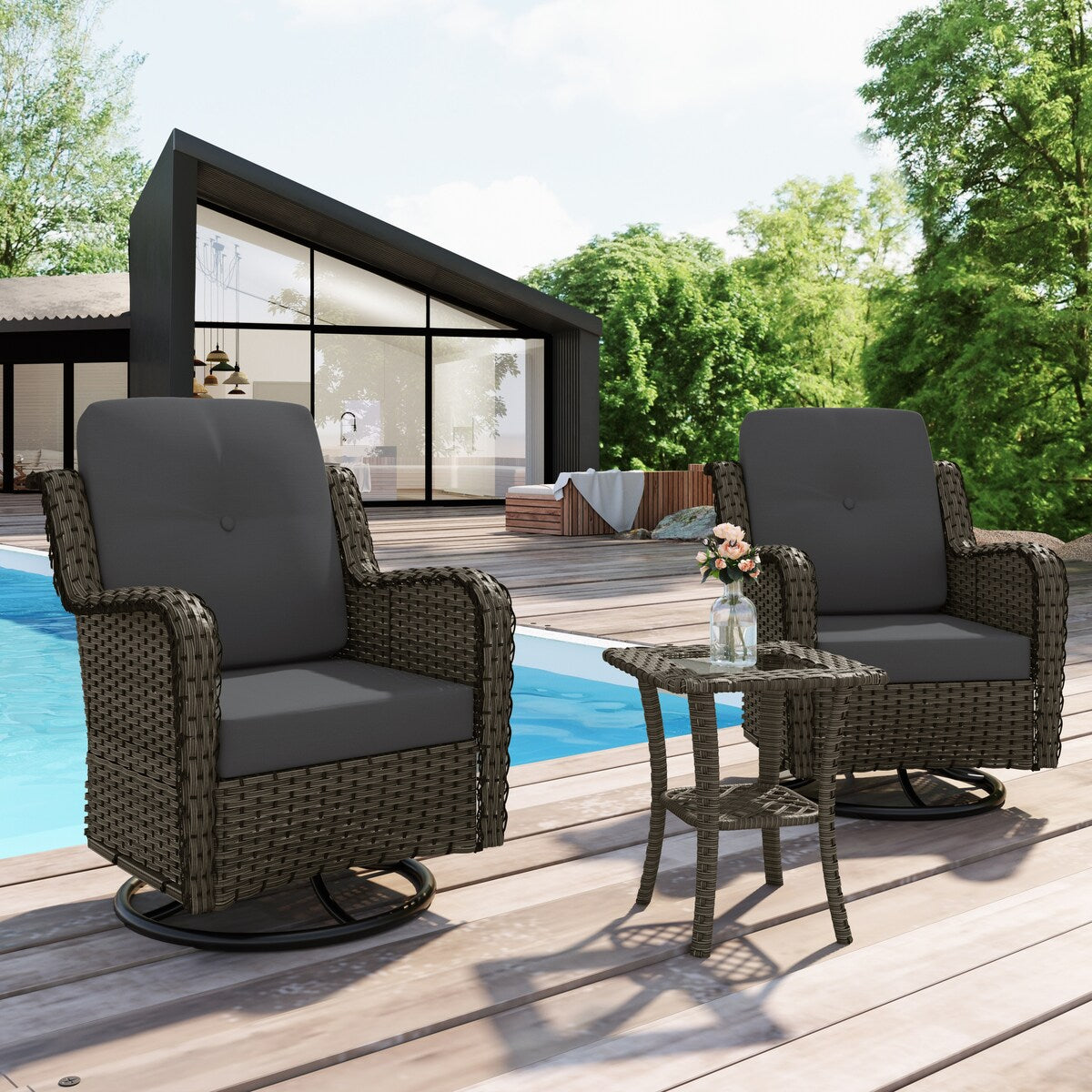 Set di 3 sedie a dondolo girevoli imbottite in rattan per patio con tavolino laterale