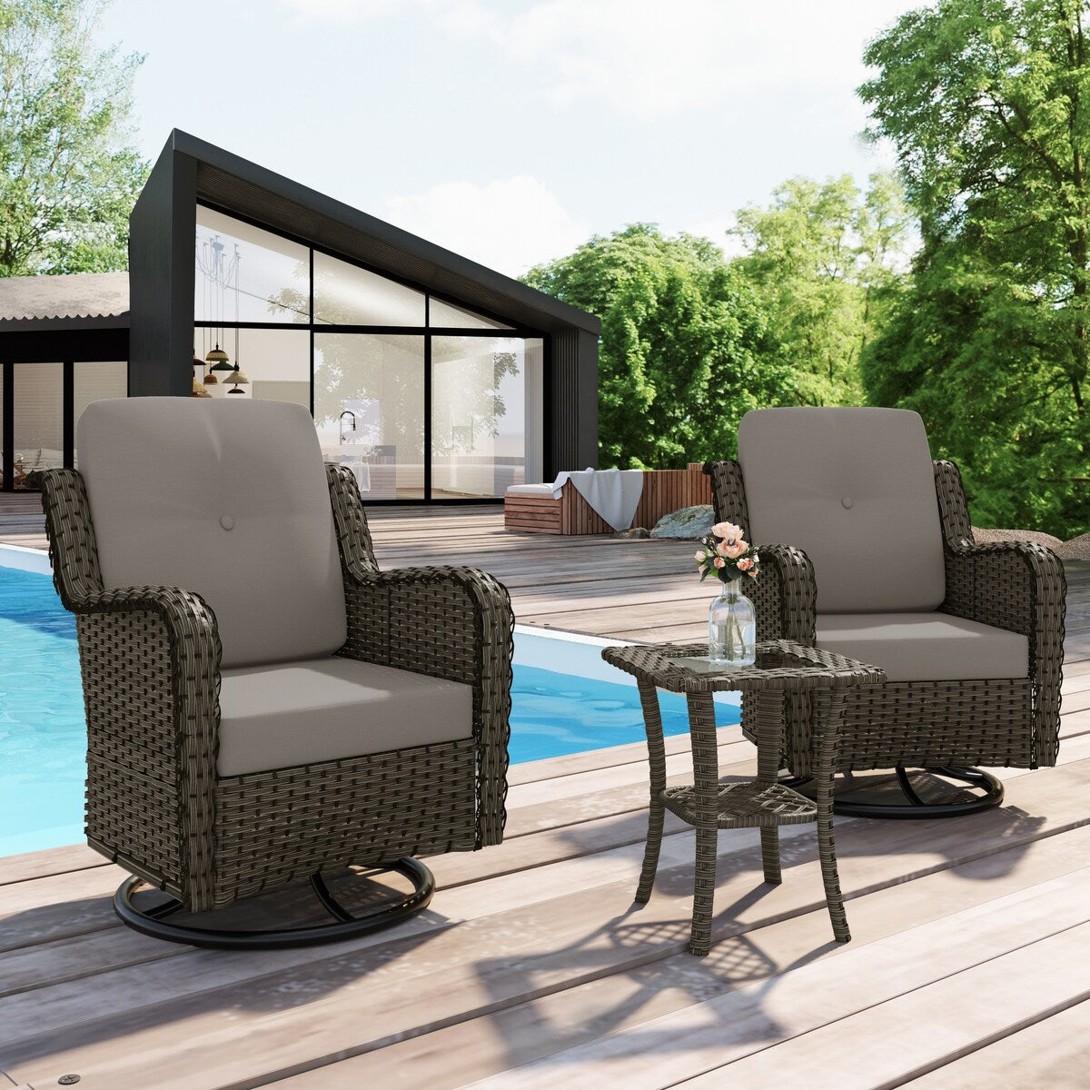 Set di 3 sedie a dondolo girevoli imbottite in rattan per patio con tavolino laterale