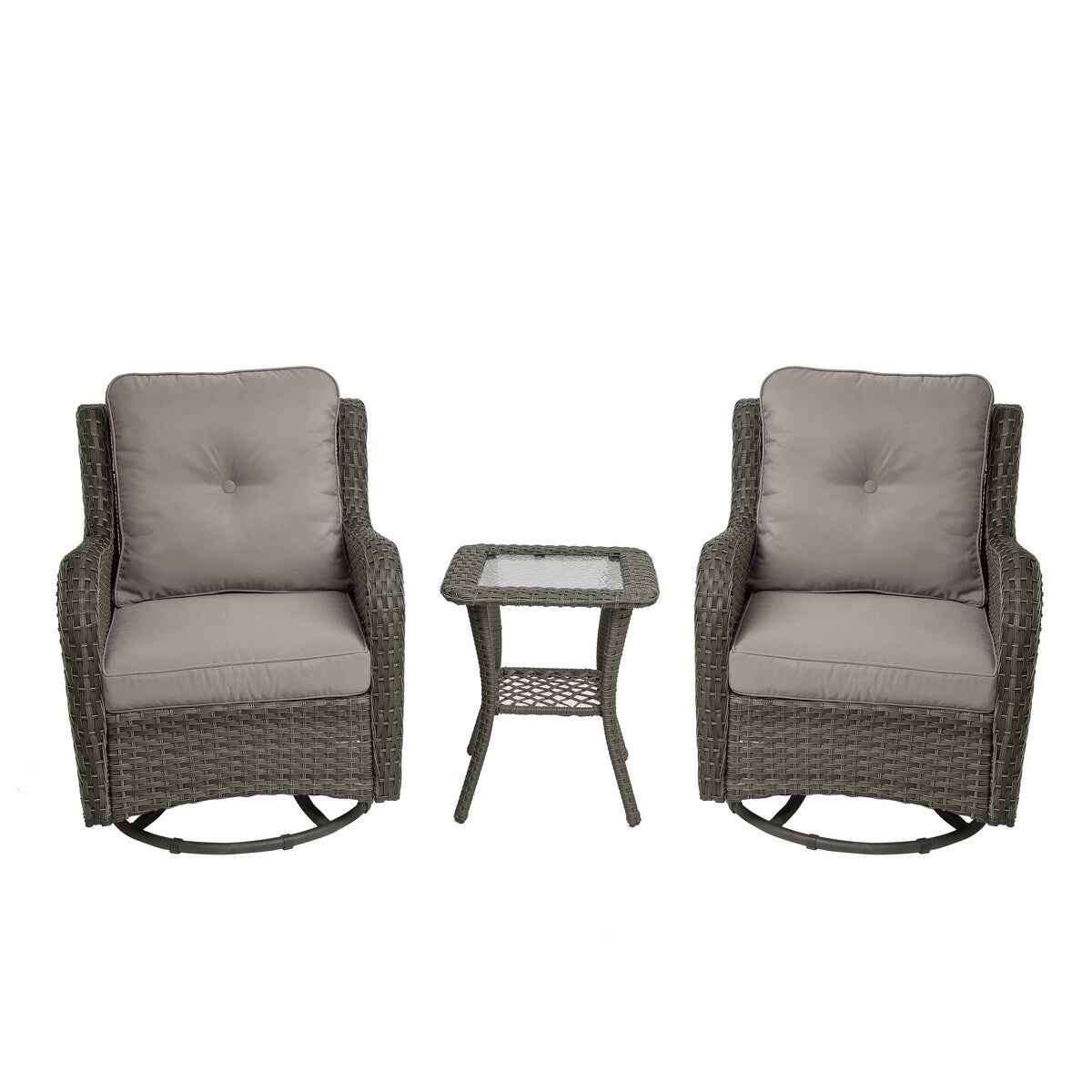 Set di 3 sedie a dondolo girevoli imbottite in rattan per patio con tavolino laterale