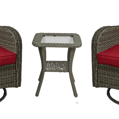 Set di 3 sedie a dondolo girevoli imbottite in rattan per patio con tavolino laterale