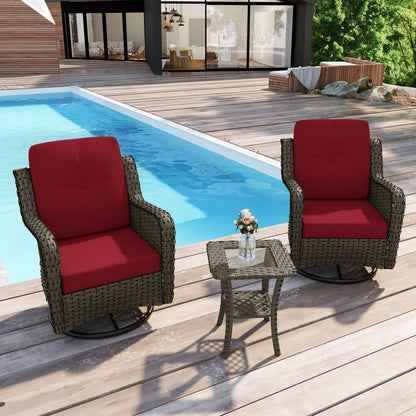 Set di 3 sedie a dondolo girevoli imbottite in rattan per patio con tavolino laterale