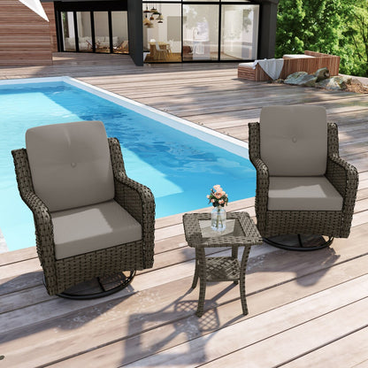 Set di 3 sedie a dondolo girevoli imbottite in rattan per patio con tavolino laterale