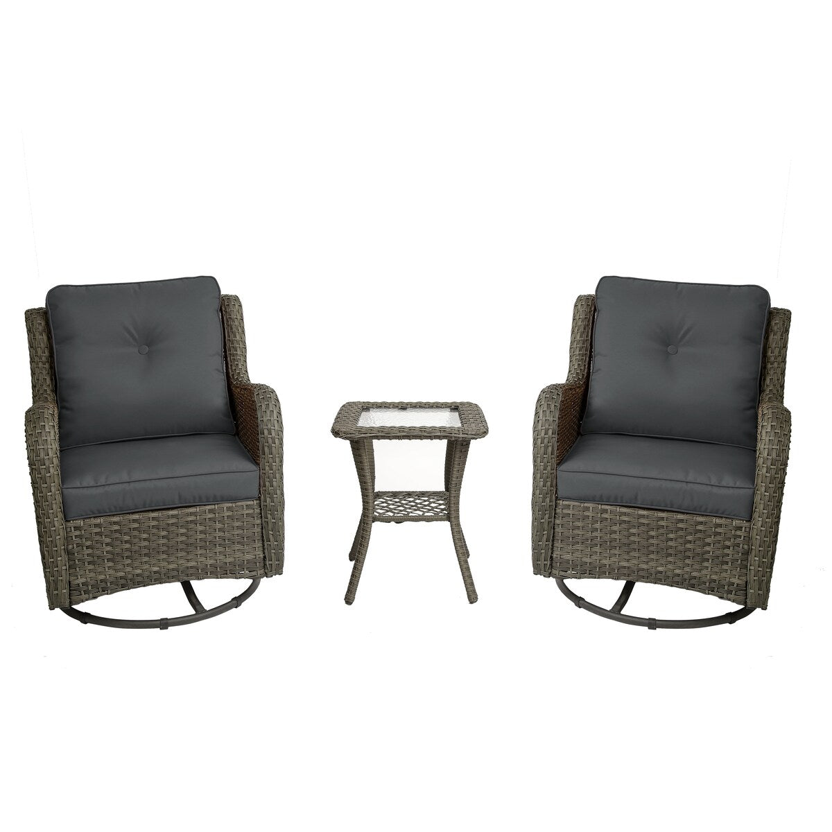 Set di 3 sedie a dondolo girevoli imbottite in rattan per patio con tavolino laterale