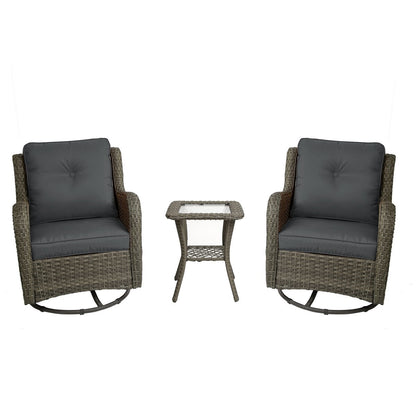 Set di 3 sedie a dondolo girevoli imbottite in rattan per patio con tavolino laterale