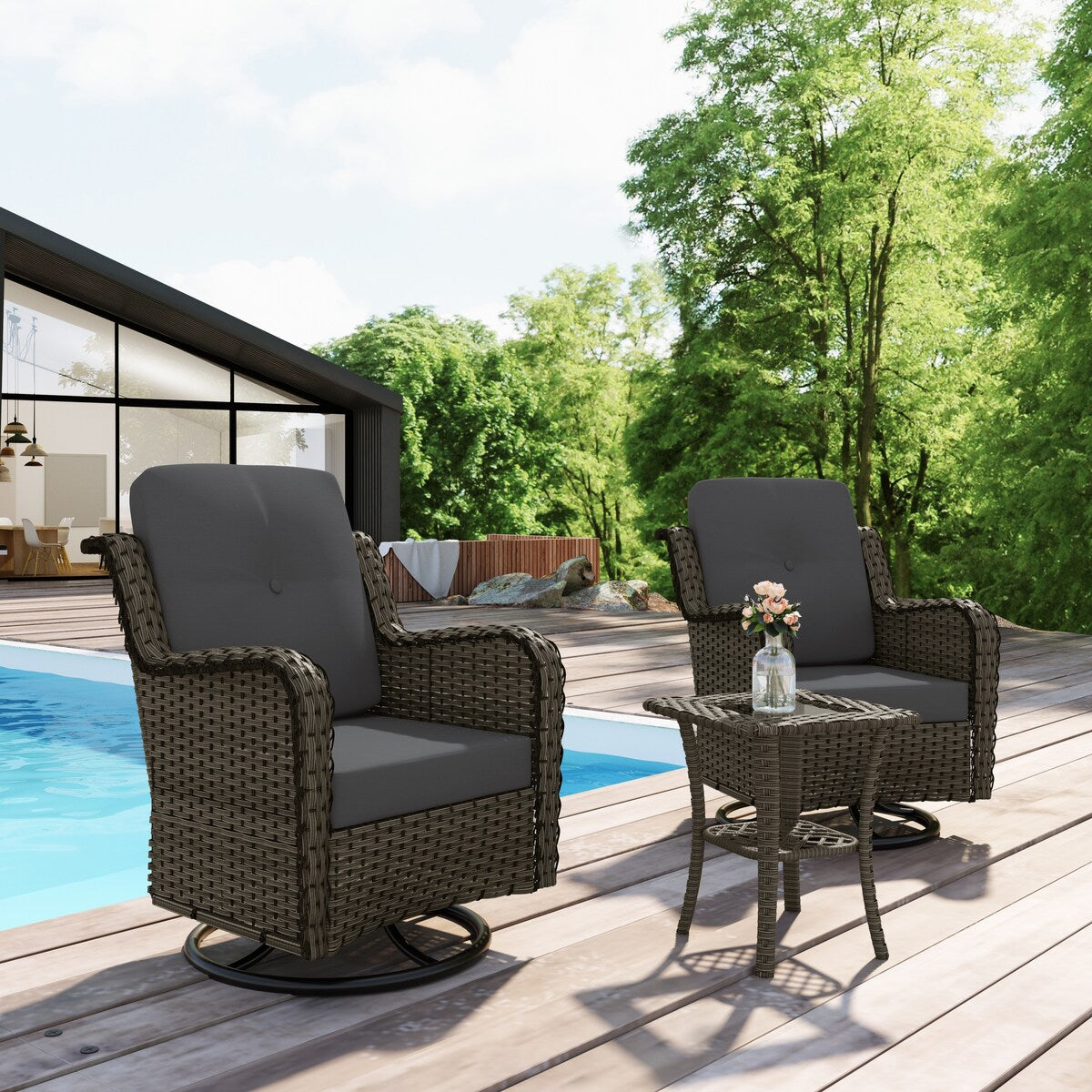 Set di 3 sedie a dondolo girevoli imbottite in rattan per patio con tavolino laterale