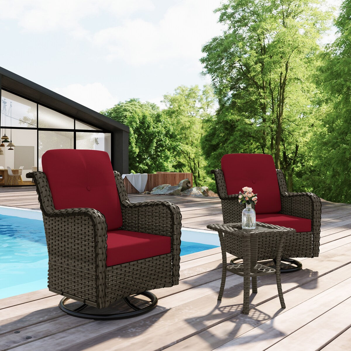 Set di 3 sedie a dondolo girevoli imbottite in rattan per patio con tavolino laterale
