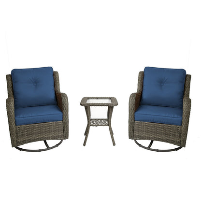 Set di 3 sedie a dondolo girevoli imbottite in rattan per patio con tavolino laterale