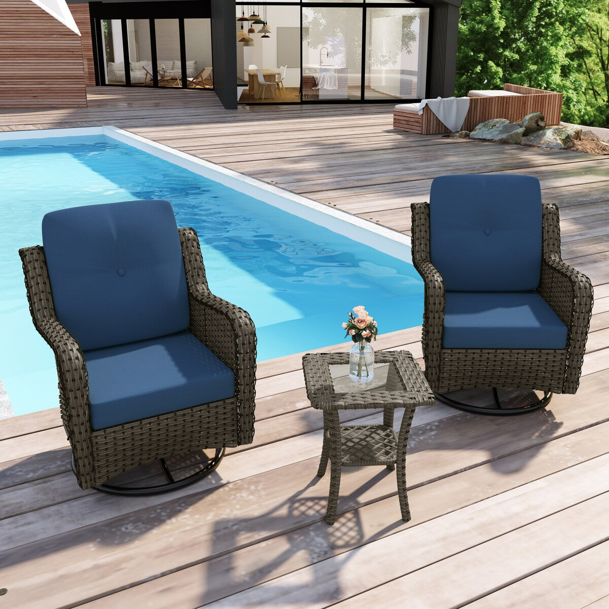 Set di 3 sedie a dondolo girevoli imbottite in rattan per patio con tavolino laterale