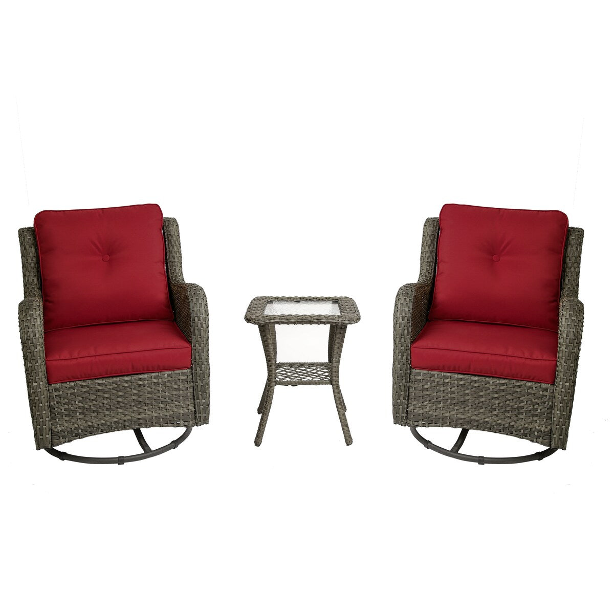 Set di 3 sedie a dondolo girevoli imbottite in rattan per patio con tavolino laterale