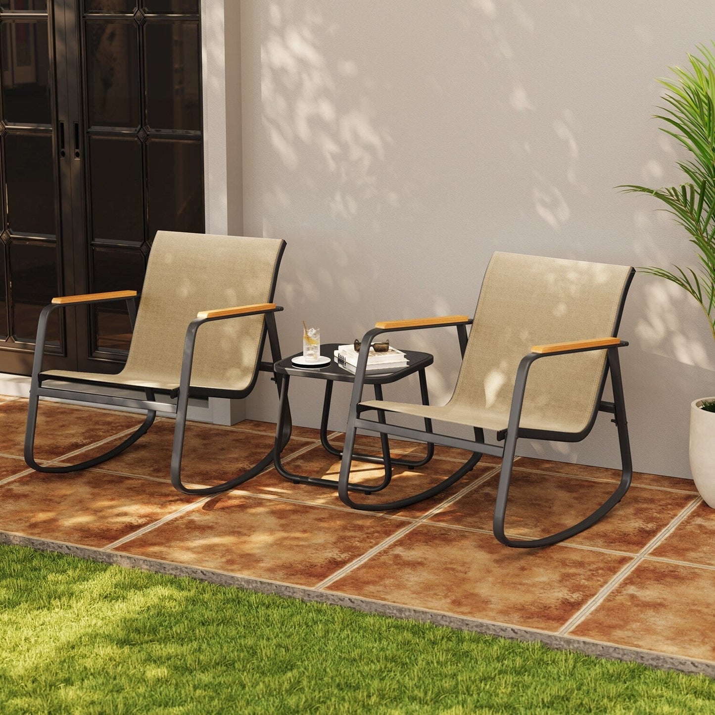 Set da bistrot a dondolo da 3 pezzi, set di mobili da giardino in tessuto textilene, sedie a dondolo per veranda