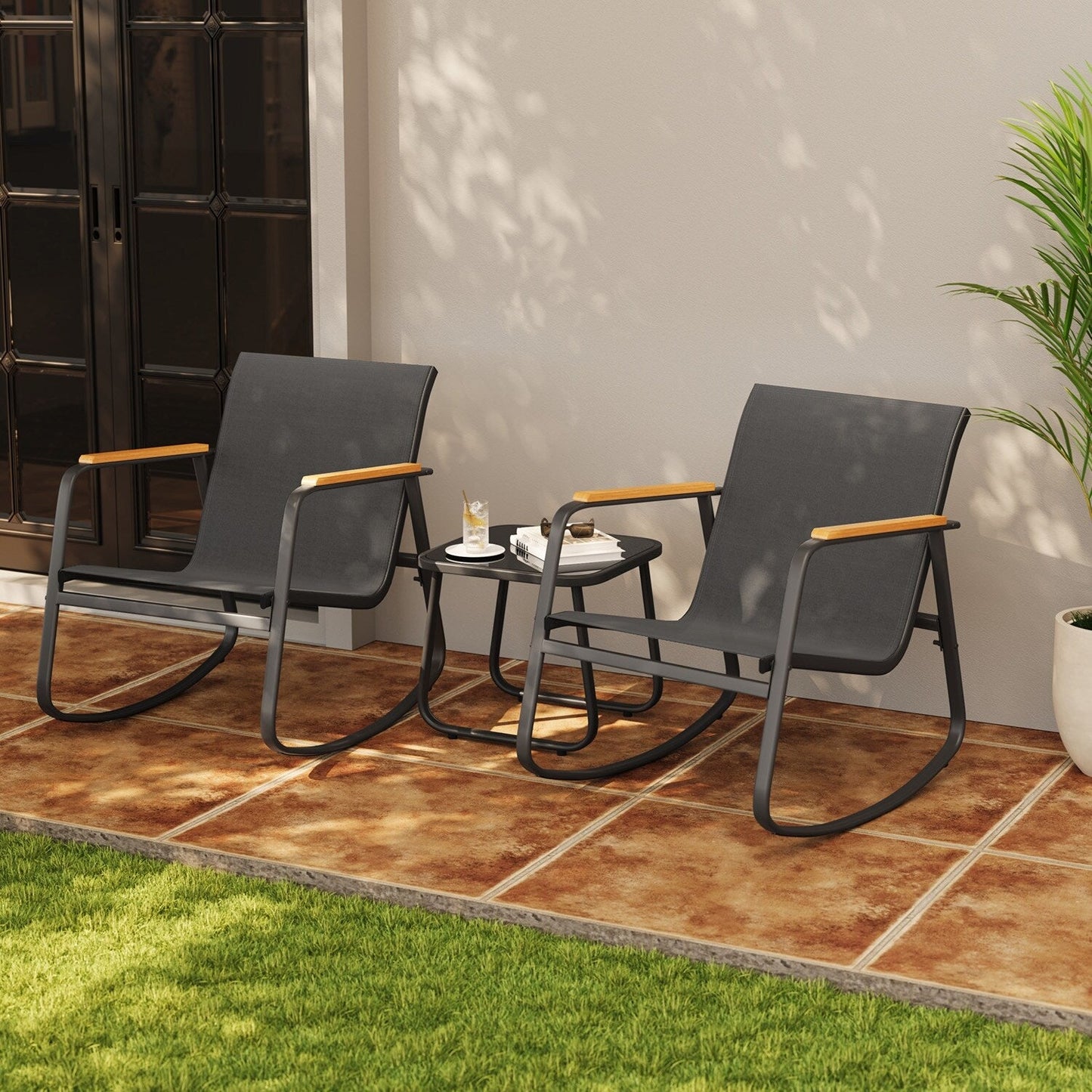 Set da bistrot a dondolo da 3 pezzi, set di mobili da giardino in tessuto textilene, sedie a dondolo per veranda