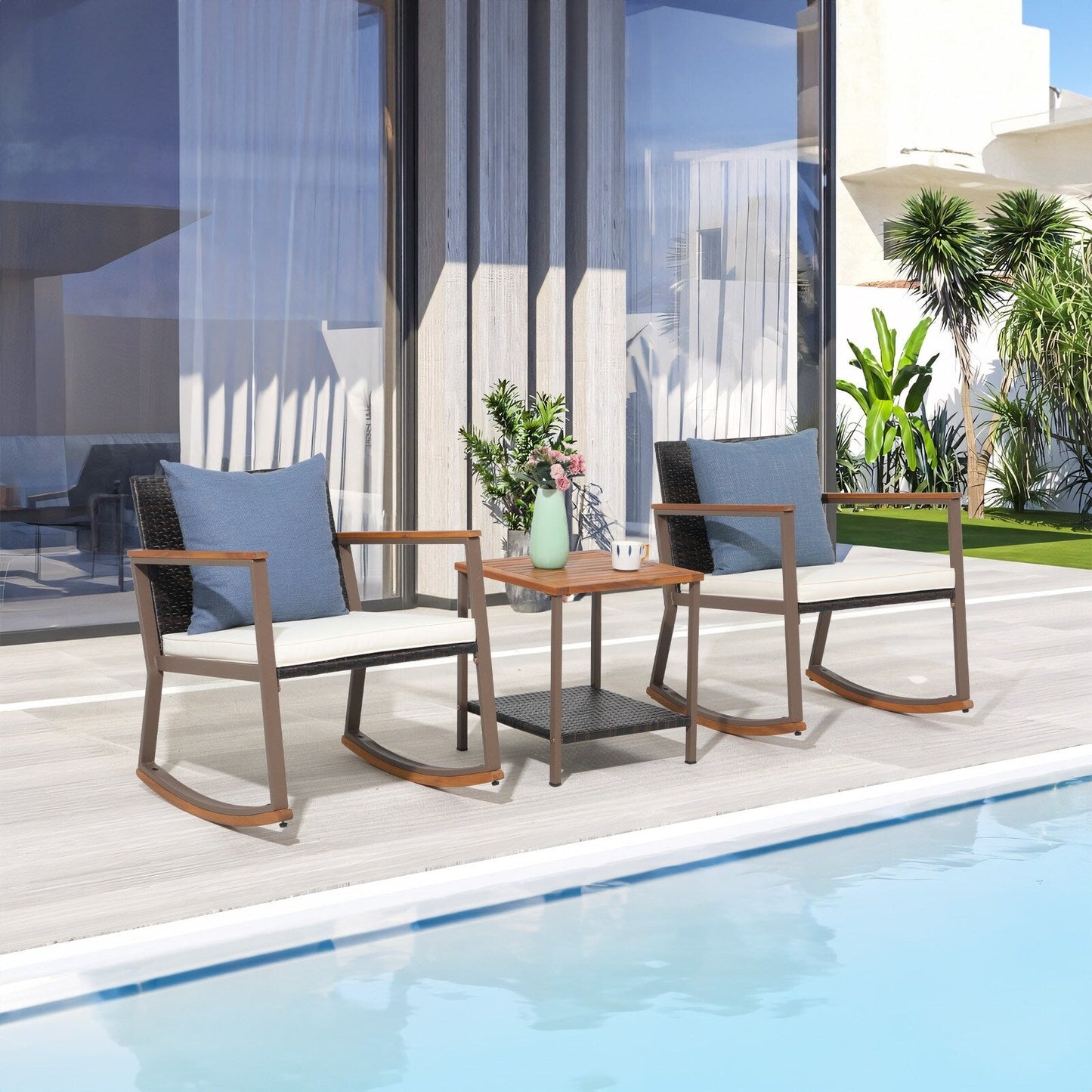 Set da 3 sedie a dondolo per patio, bistrot, sedie da balcone, set da conversazione con tavolino e cuscini