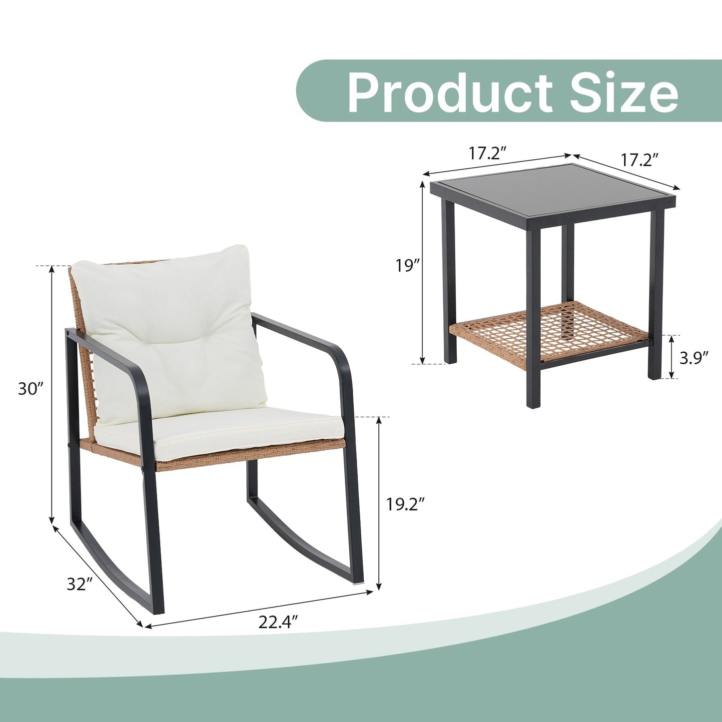 Set da 3 sedie a dondolo per patio, bistrot, sedie da balcone, set da conversazione con tavolino e cuscini