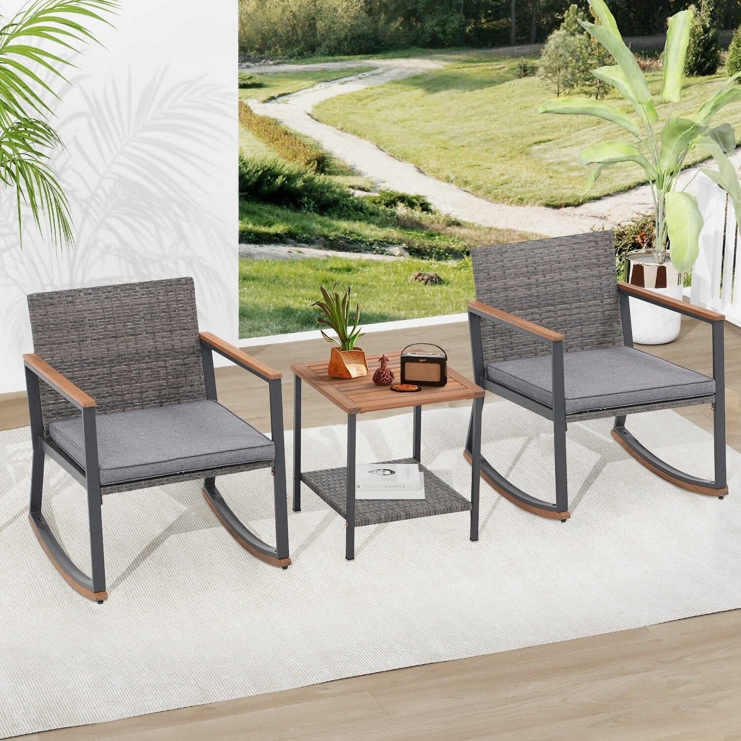 Set da 3 sedie a dondolo per patio, bistrot, sedie da balcone, set da conversazione con tavolino e cuscini