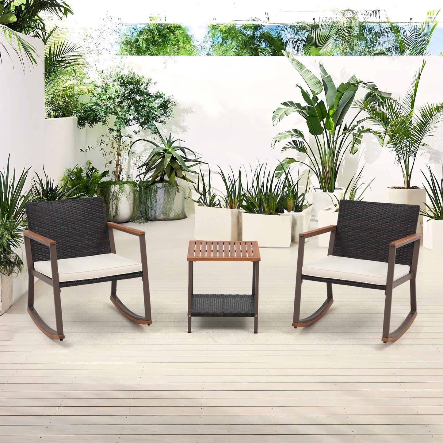 Set da 3 sedie a dondolo per patio, bistrot, sedie da balcone, set da conversazione con tavolino e cuscini