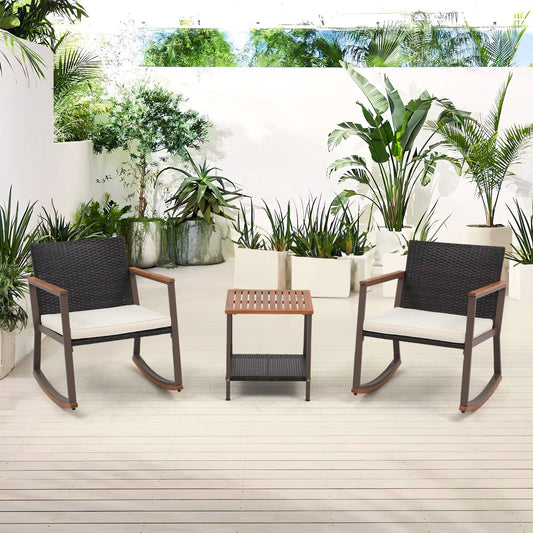 Set da 3 sedie a dondolo per patio, bistrot, sedie da balcone, set da conversazione con tavolino e cuscini