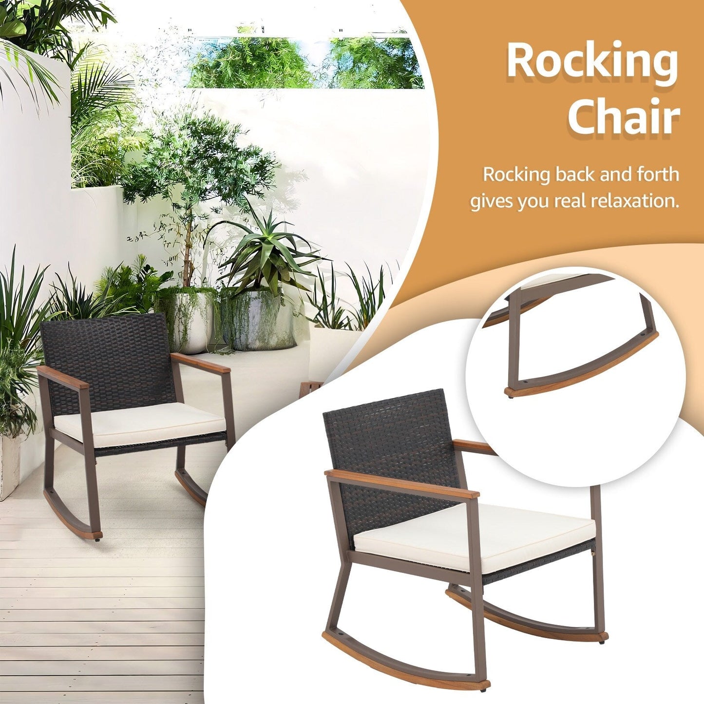 Set da 3 sedie a dondolo per patio, bistrot, sedie da balcone, set da conversazione con tavolino e cuscini