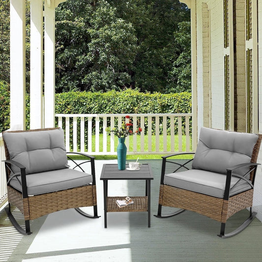 Set da 3 pezzi in rattan per patio, set da bistrot per esterni con cuscini - 1 tavolo, 2 sedie a dondolo