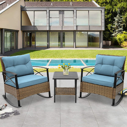 Set da 3 pezzi in rattan per patio, set da bistrot per esterni con cuscini - 1 tavolo, 2 sedie a dondolo