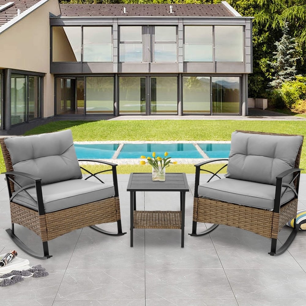 Set da 3 pezzi in rattan per patio, set da bistrot per esterni con cuscini - 1 tavolo, 2 sedie a dondolo