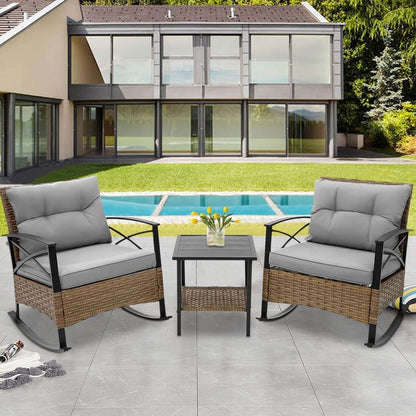 Set da 3 pezzi in rattan per patio, set da bistrot per esterni con cuscini - 1 tavolo, 2 sedie a dondolo