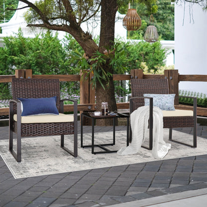 Set da conversazione per patio in vimini da 3 pezzi, sedie da esterno con cuscini
