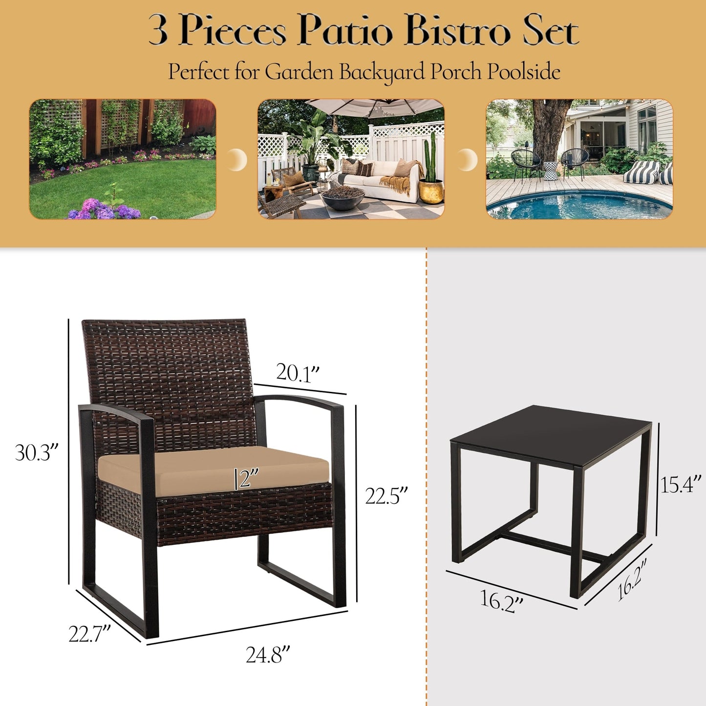 Set da conversazione per patio in vimini da 3 pezzi, sedie da esterno con cuscini