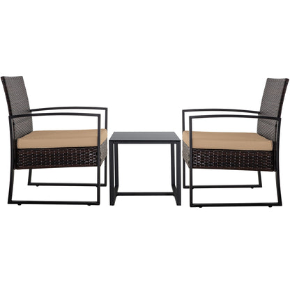 Set da conversazione per patio in vimini da 3 pezzi, sedie da esterno con cuscini