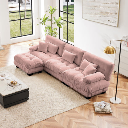 Divano componibile modulare a 3 posti, divano con seduta profonda, divano a forma di L con pouf trasformabile per soggiorno