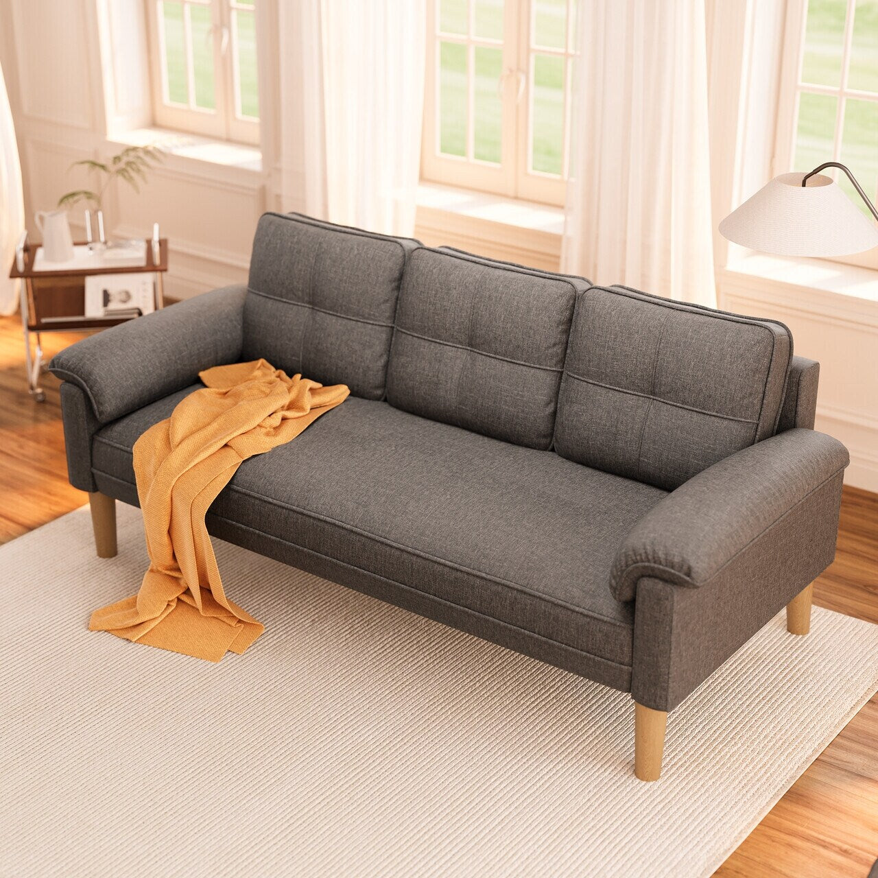 Divano moderno imbottito a 3 posti, divano trasformabile, divano letto con robuste gambe in legno per soggiorno