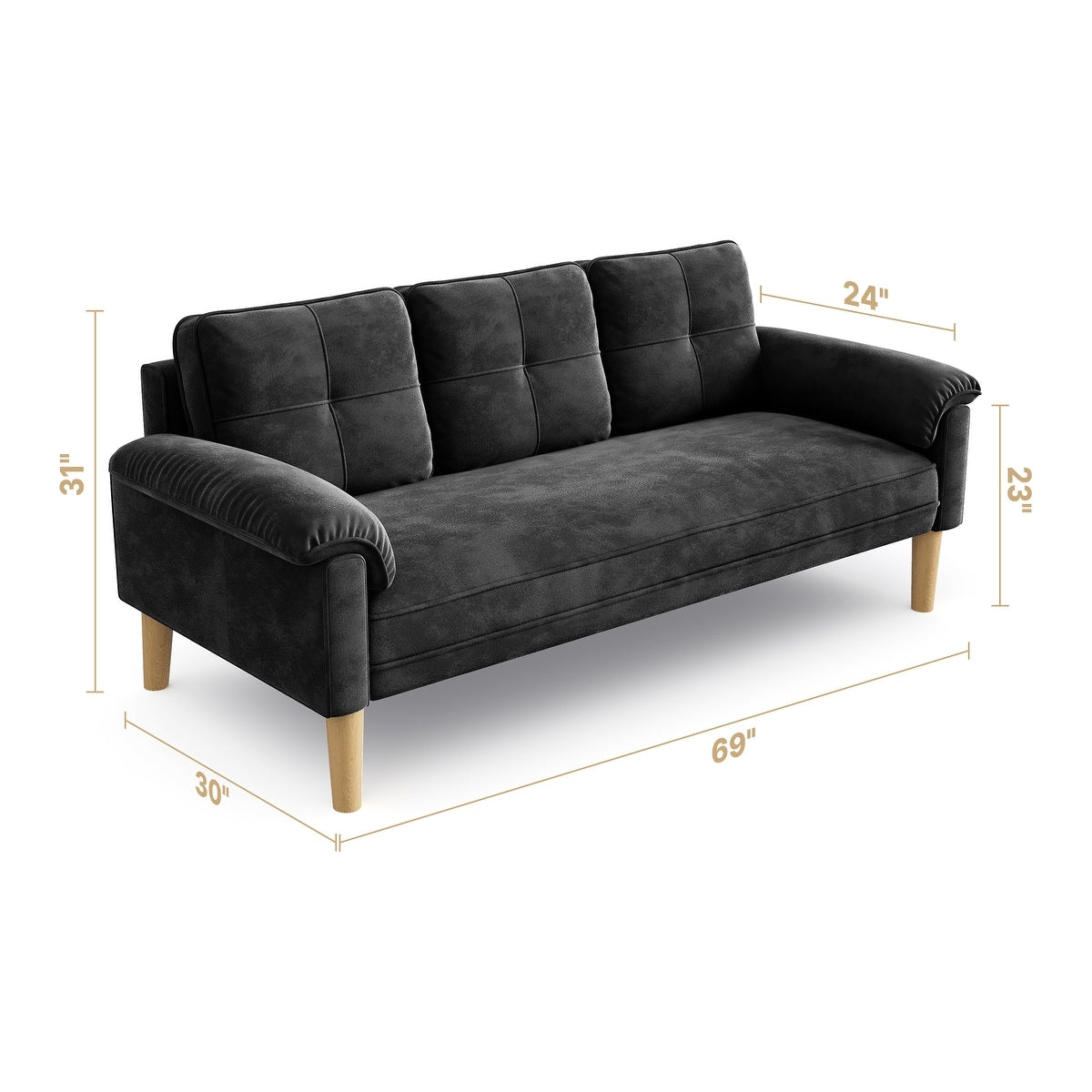 Divano moderno imbottito a 3 posti, divano trasformabile, divano letto con robuste gambe in legno per soggiorno