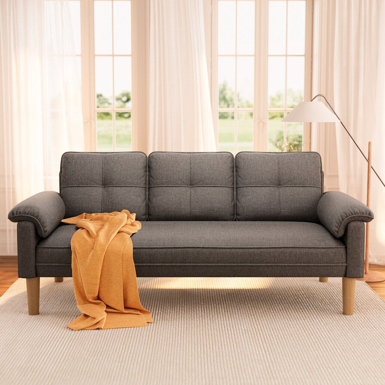 Divano moderno imbottito a 3 posti, divano trasformabile, divano letto con robuste gambe in legno per soggiorno