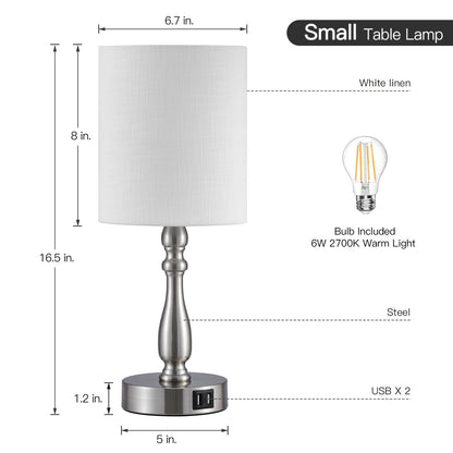 Lampada da tavolo piccola con controllo touch dimmerabile a 3 vie e 2 porte USB, acciaio spazzolato