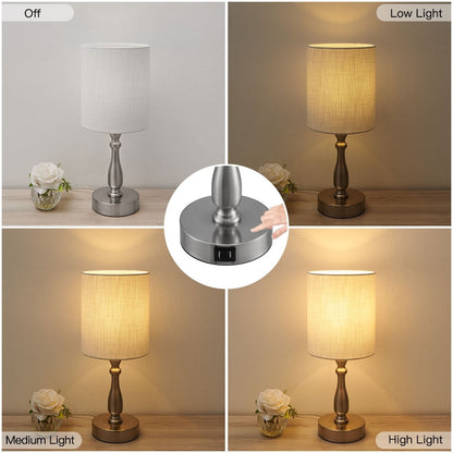 Lampada da tavolo piccola con controllo touch dimmerabile a 3 vie e 2 porte USB, acciaio spazzolato