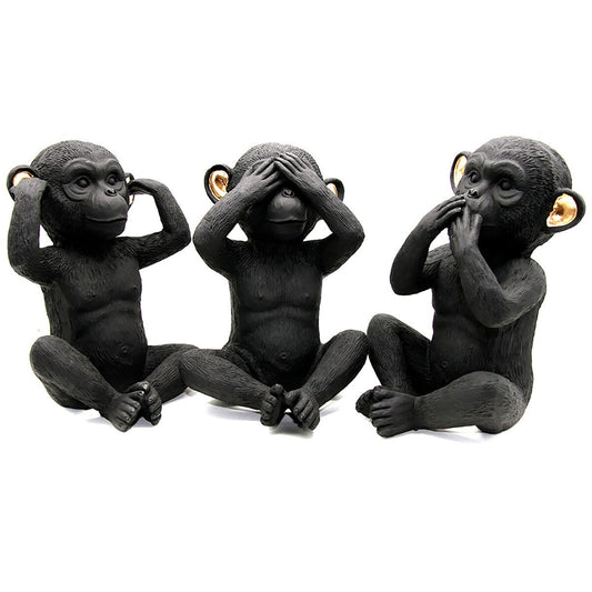 3 scimmie sagge parlano, non vedono, non vedono il male, set di 3 pezzi in resina nera e oro