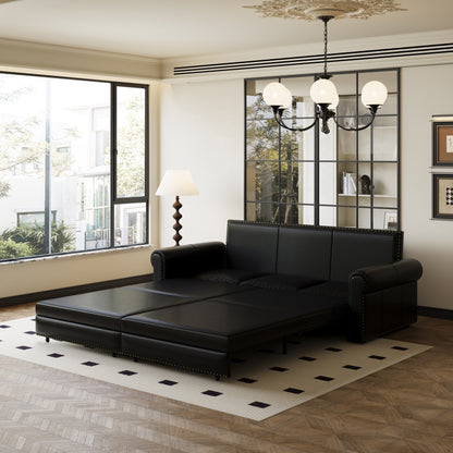 Divano letto king size convertibile 3 in 1 con finiture in borchie e bracciolo arrotolato