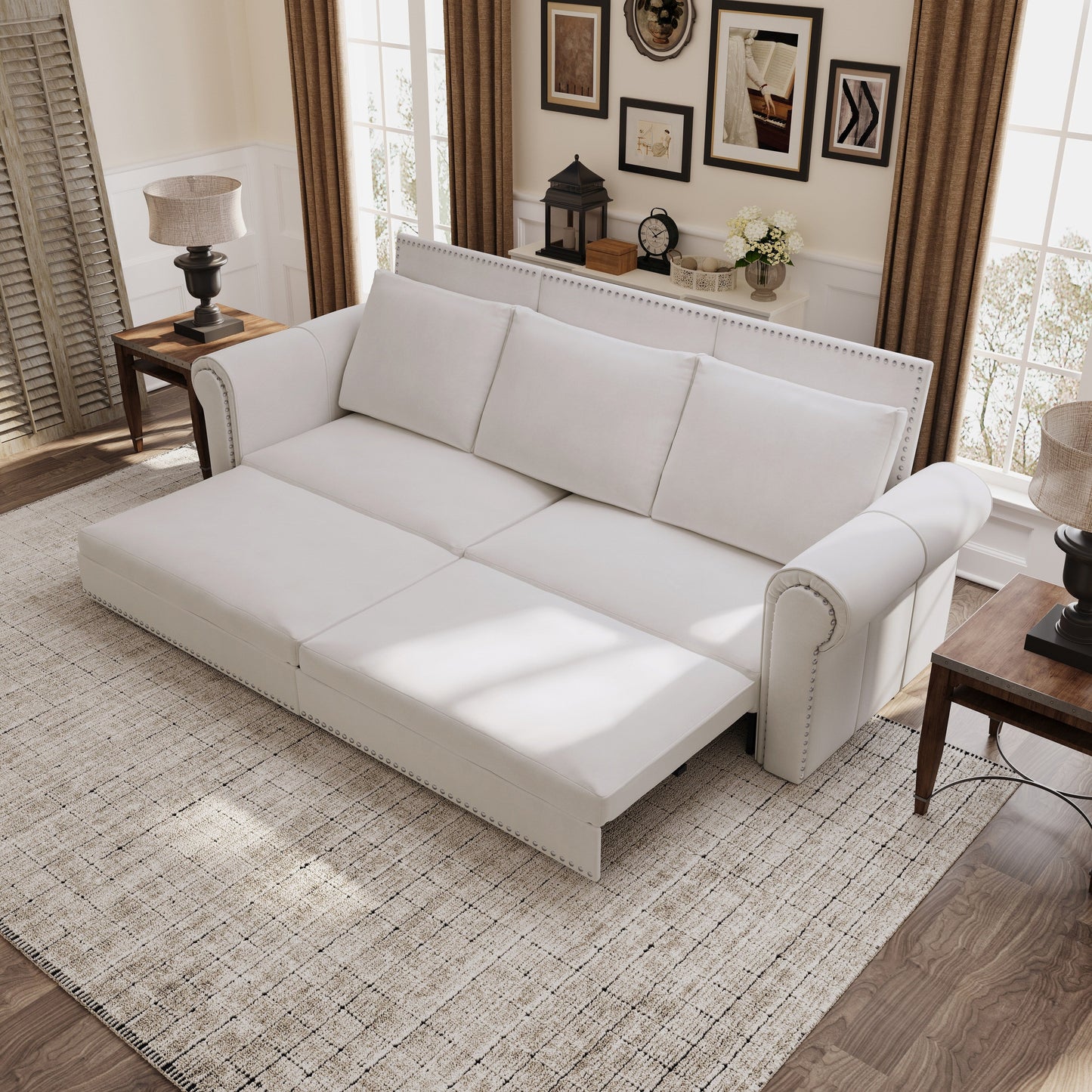 Divano letto king size convertibile 3 in 1 con finiture in borchie e bracciolo arrotolato