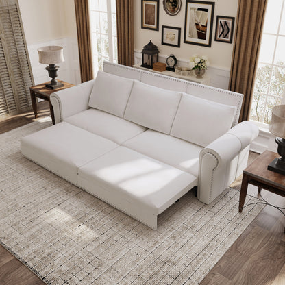 Divano letto king size convertibile 3 in 1 con finiture in borchie e bracciolo arrotolato