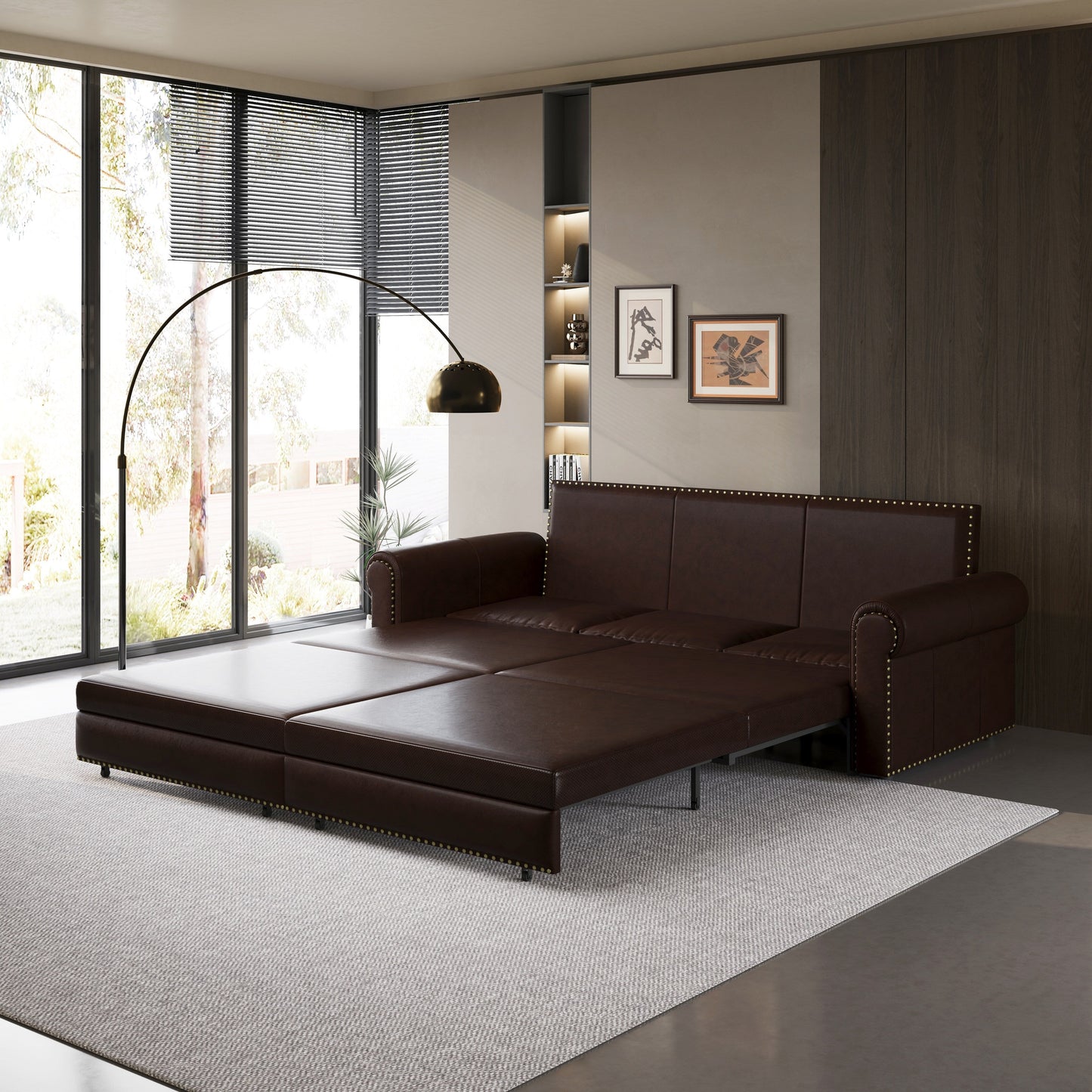 Divano letto king size convertibile 3 in 1 con finiture in borchie e bracciolo arrotolato