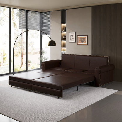 Divano letto king size convertibile 3 in 1 con finiture in borchie e bracciolo arrotolato