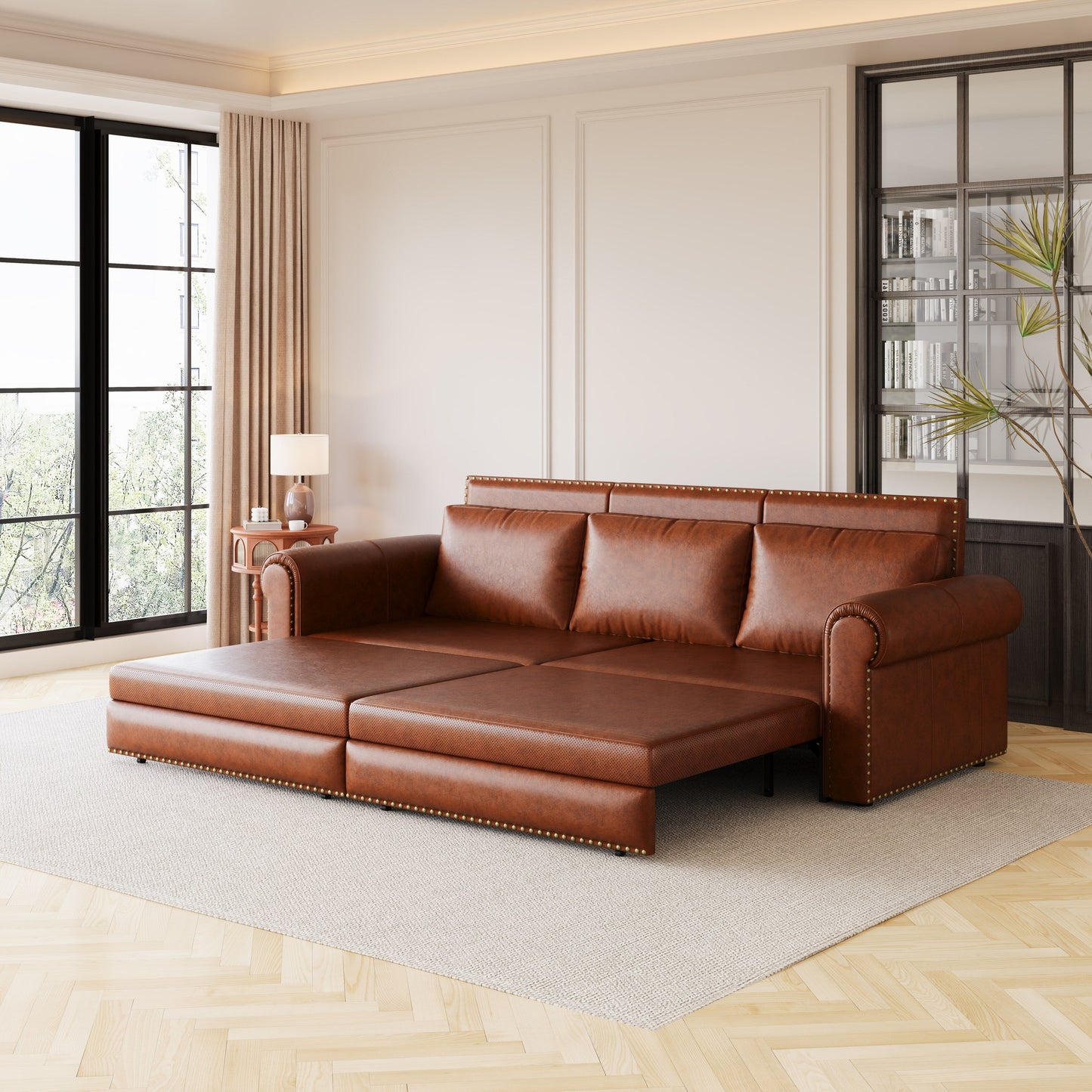 Divano letto king size convertibile 3 in 1 con finiture in borchie e bracciolo arrotolato