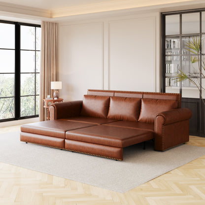 Divano letto king size convertibile 3 in 1 con finiture in borchie e bracciolo arrotolato