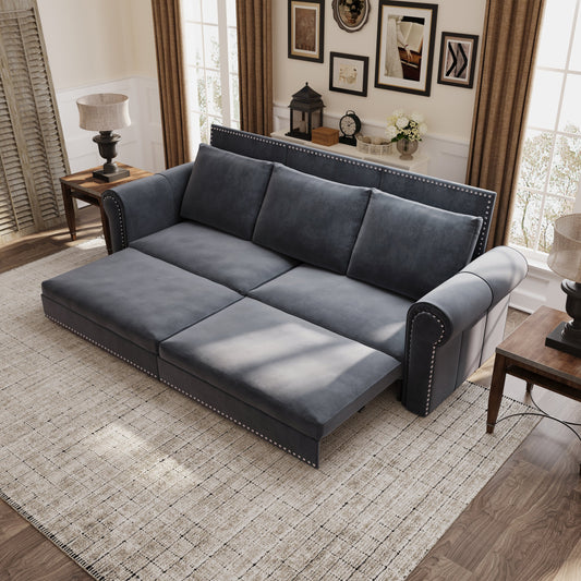 Divano letto king size convertibile 3 in 1 con finiture in borchie e bracciolo arrotolato